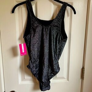 Optima Women's Silver-Black 1 Piece Swimsuit.  NWT. Price tag in Mexican pesos.